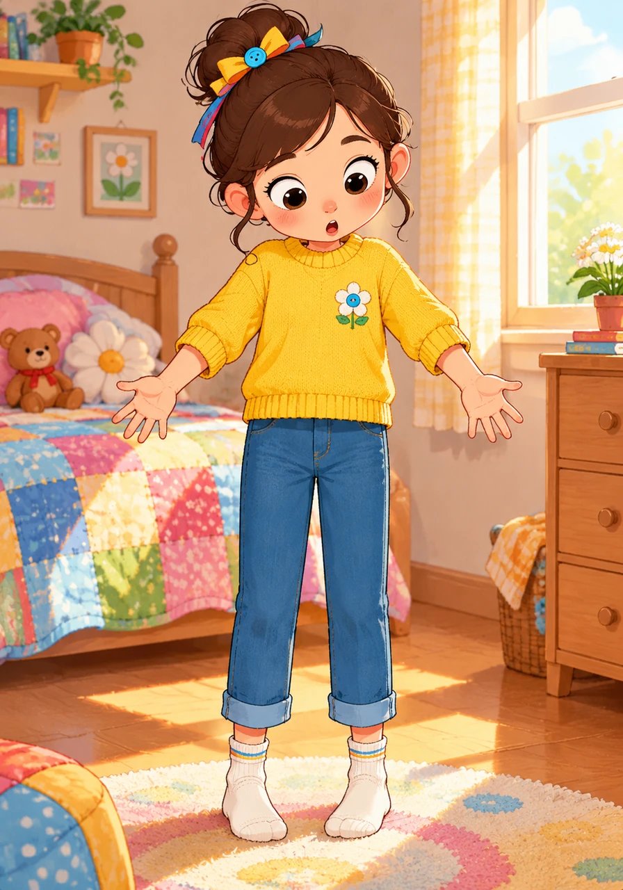 On a quiet sun-dappled morning, Maya stretched her arms and pulled on her favorite bright yellow sweater. To her surprise, her wrists stuck out past the cuffs, and her ankle socks squeezed her feet tight. She blinked in wonder as she realized her clothes seemed to have shrunk overnight.