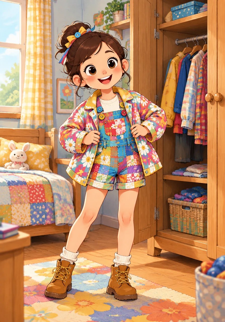 Curious, Maya opened her wooden wardrobe wide and began trying on her favorite outfits one by one. Her cheerful patterned overalls barely reached her knees, and her cozy floral jacket wouldn't even button closed. She laughed as her favorite childhood garments suddenly looked like doll clothes on her.