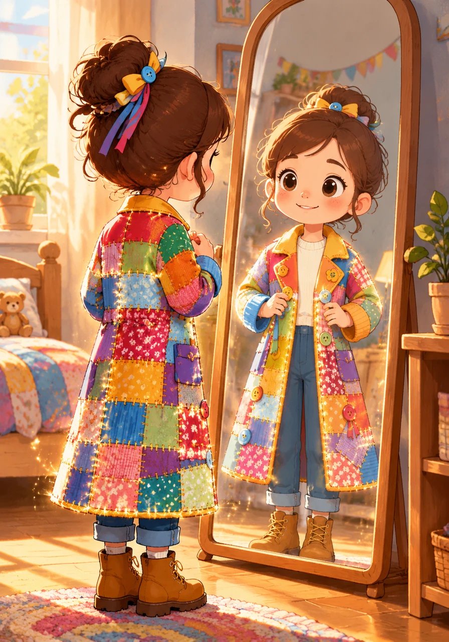 Looking into her full-length mirror, Maya noticed tiny sparkles of light dancing along the seams of her outgrown clothes. Golden threads glinted softly in the sunlight, whispering secrets of all the days she had spent laughing, running, and growing in them.