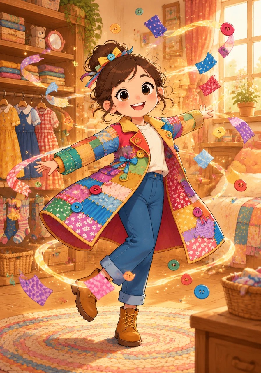 As Maya swirled around her room, ribbons, buttons, and soft fabric scraps seemed to lift off her shelves and float gently through the air. Her bedroom felt magical, filled with the warmth of past memories woven into every shirt, dress, and pair of socks.