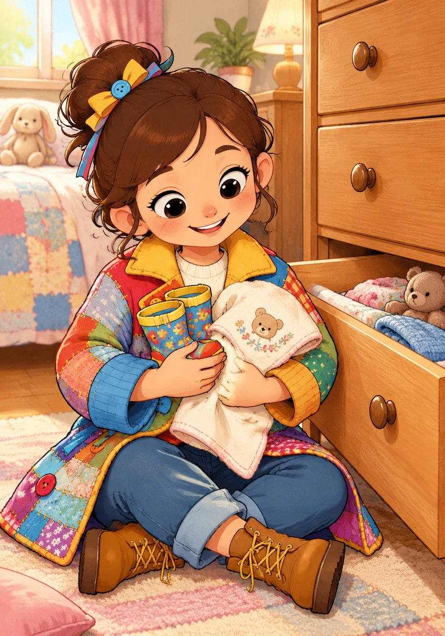 Deep in the bottom drawer of her dresser, Maya discovered her very first rain boots and a tiny embroidered baby blanket. Holding them close, she realized that growing out of her clothes wasn't a loss, but a beautiful record of how much she had explored and learned.