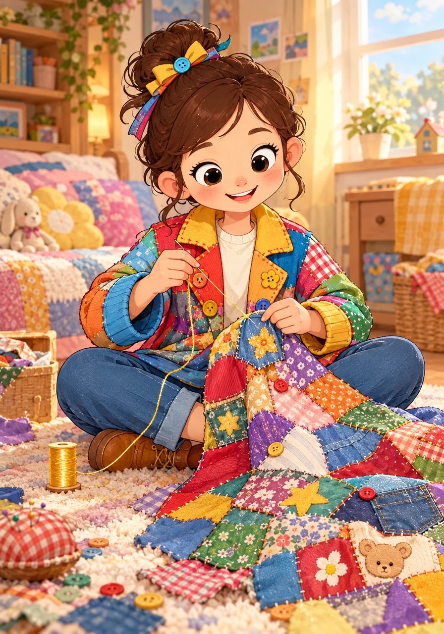 Inspired, Maya grabbed a spool of golden thread, a needle, and colorful fabric patches. She sat cross-legged on her soft rug and carefully began stitching her small, beloved clothes together, creating a wondrous tapestry of her past.