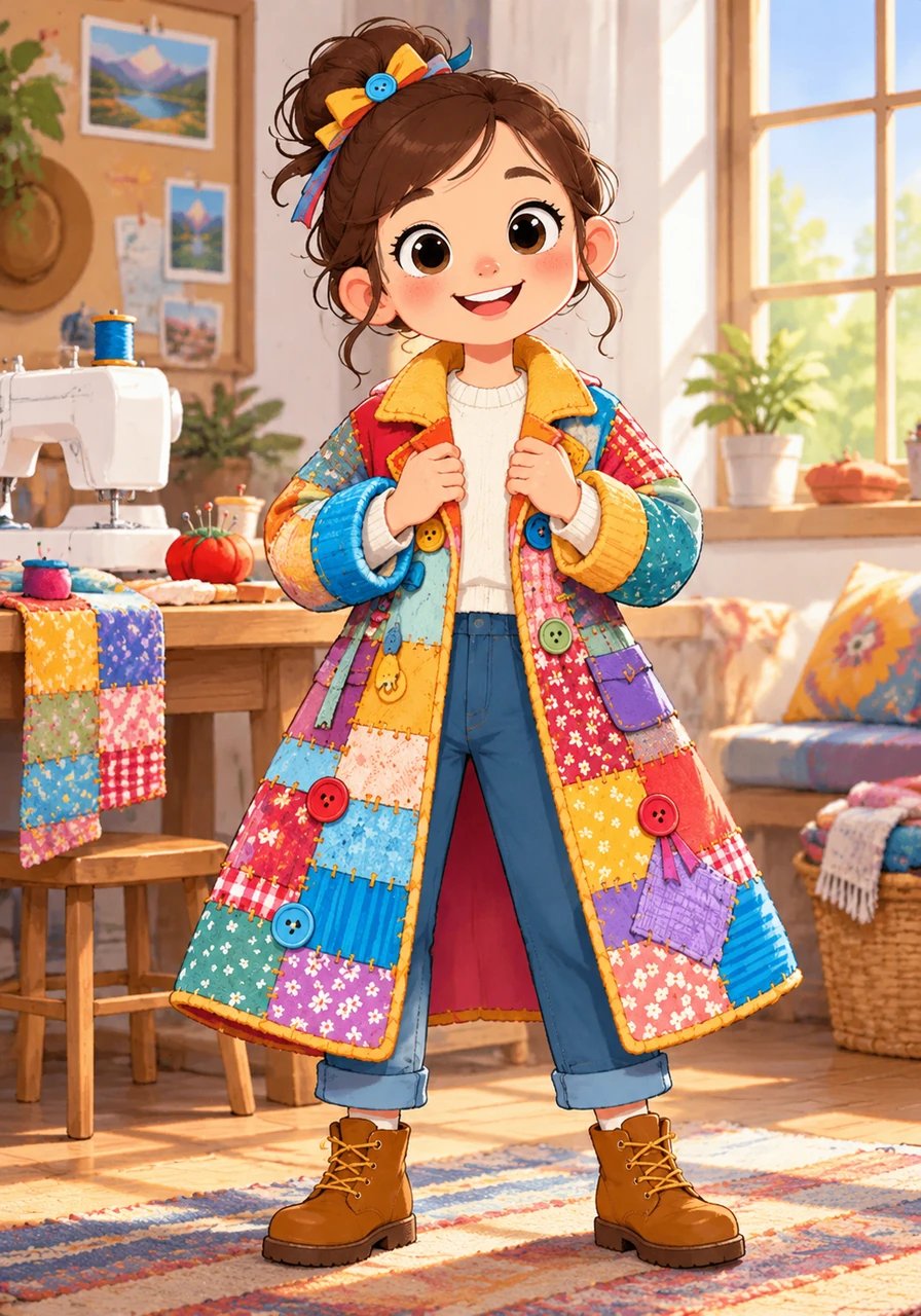 When she finished, Maya draped the brand-new creation over her shoulders—a breathtaking patchwork coat woven from all her past adventures. It fit her perfectly, cozy and long, swirling with vibrant colors and rich textures.