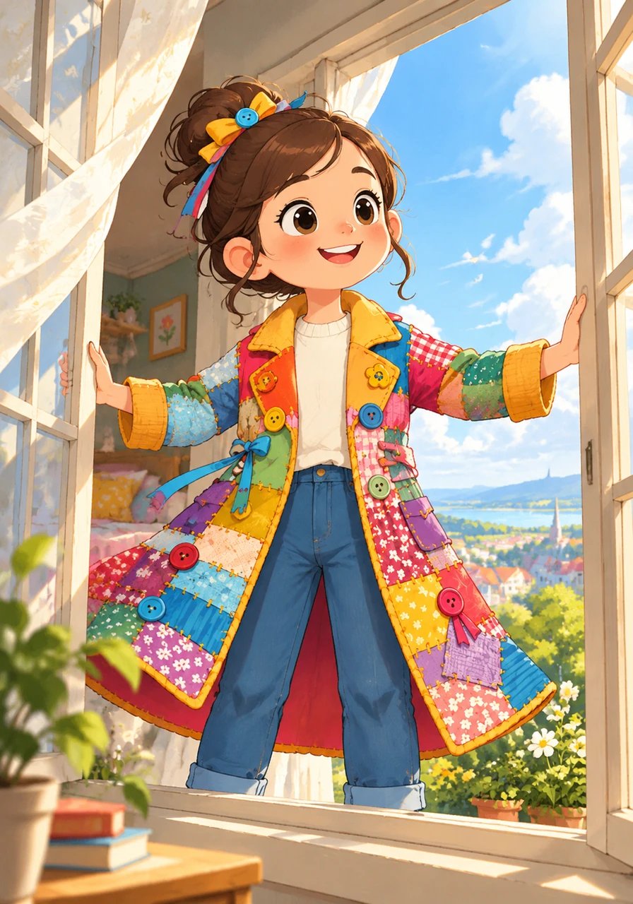 Maya stepped over to her window and opened it wide, feeling the fresh morning breeze lift the edges of her marvelous coat. She stood taller than ever before, feeling brave, bright, and ready to meet the big world outside.