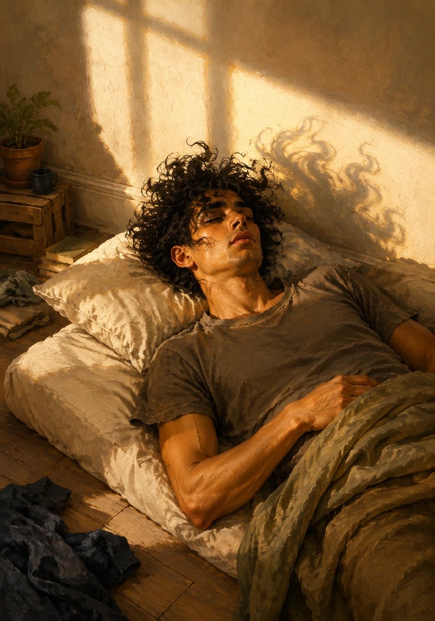 Jacob’s thick, ink-black hair wakes up before he does, its long tendrils playfully tickling his nose and wrapping around his ear. He lies on a thin mattress on the floor of his sparse Los Angeles apartment, the morning sun casting long, cloud-like shadows of his messy bedhead against the wall.