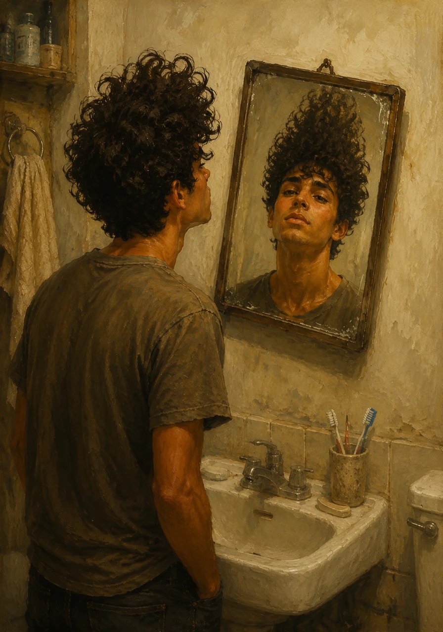 In the cramped bathroom, Jacob stares at his reflection in a small, tilted mirror streaked with old toothpaste. His hair stands three inches high in an elaborate, rebellious curl, looking back at him with a stubborn personality of its own.