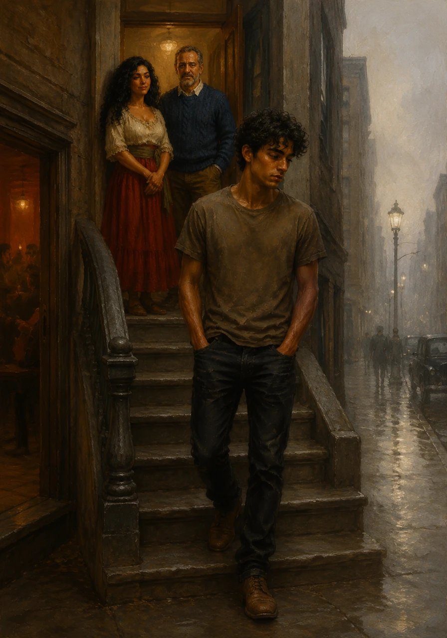 Jacob descends the stairs of his apartment building, the air thick with the smell of ammonia and incense. He passes doors where the muffled sound of music plays, heading out into the damp, foggy morning of the city.