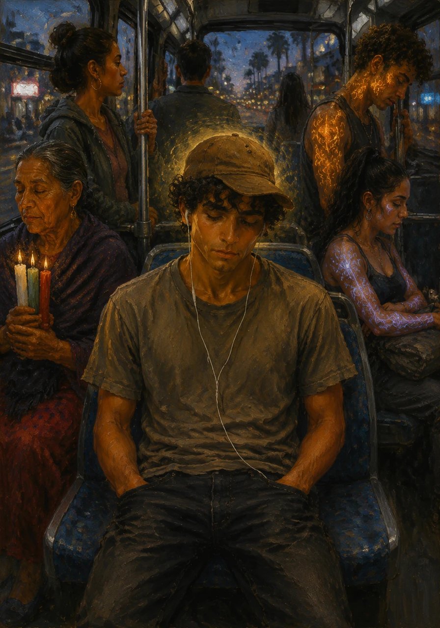 On the city bus, Jacob keeps his head down and earbuds in while the world of Los Angeles pulses around him. He watches a grandmother with ritual candles and teenagers with shimmering, animated tattoos, his own magical secret hidden beneath his hat.