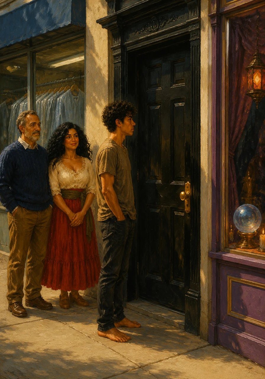 Jacob stands before a mysterious black door tucked between a mundane dry cleaner and a colorful psychic shop. The ornate brass doorknob glints in the sunlight, seemingly inviting him to step out of the ordinary world and into the unknown.