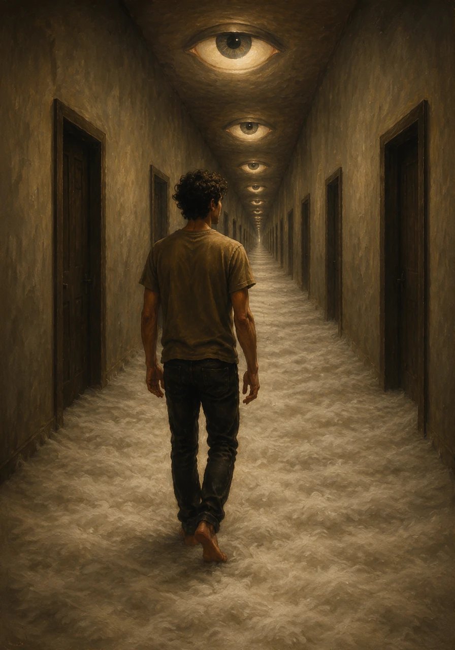 Beyond the door, a surreal hallway stretches much further than the building should allow, illuminated by glowing fixtures shaped like unblinking eyes. The carpet beneath Jacob's feet is unnervingly soft and colorless as he walks toward the distant end.