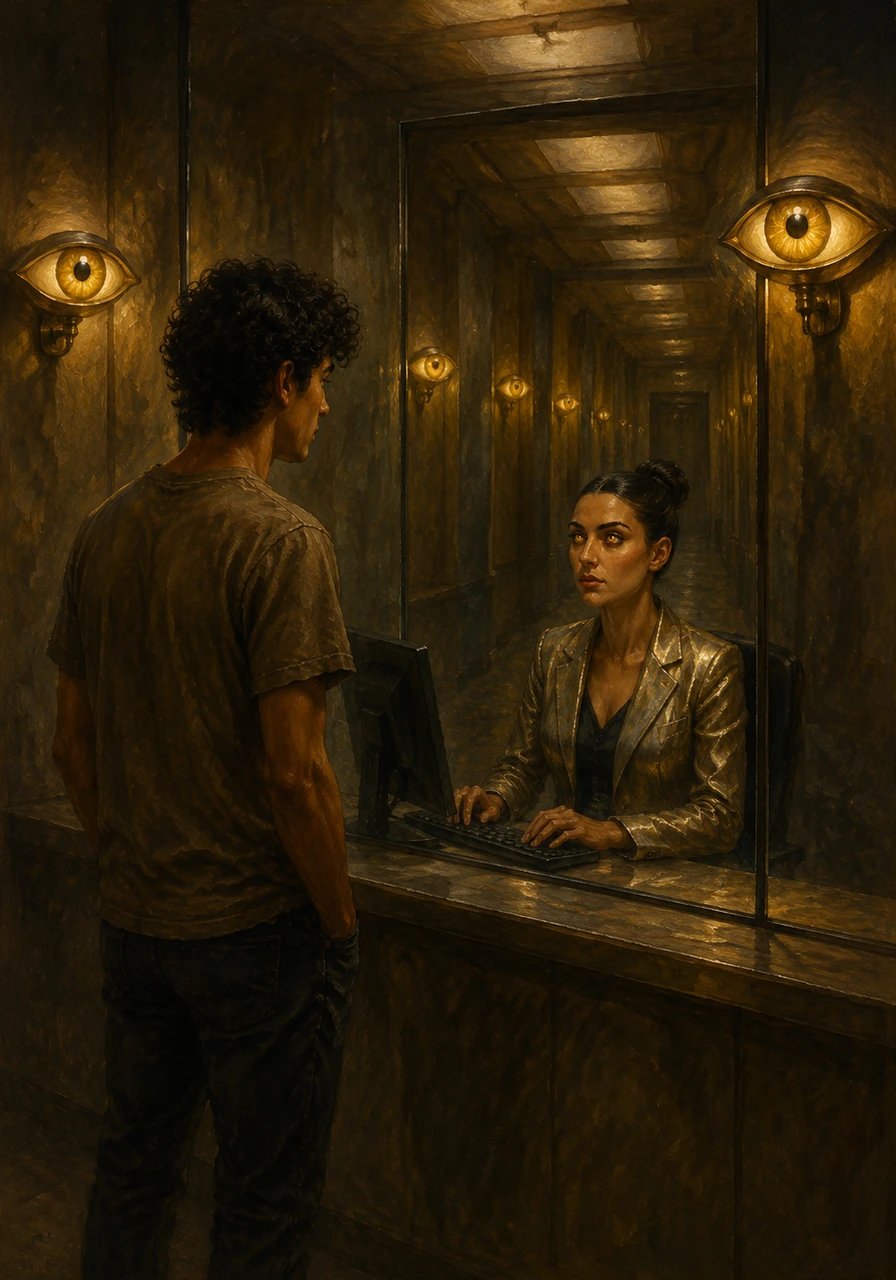At the end of the hall, Jacob encounters a receptionist sitting behind a glass partition, her eyes perfectly matching the eye-shaped lamps on the walls. She wears a shimmering metallic blazer and types with a sense of professional boredom that masks the strangeness of the room.