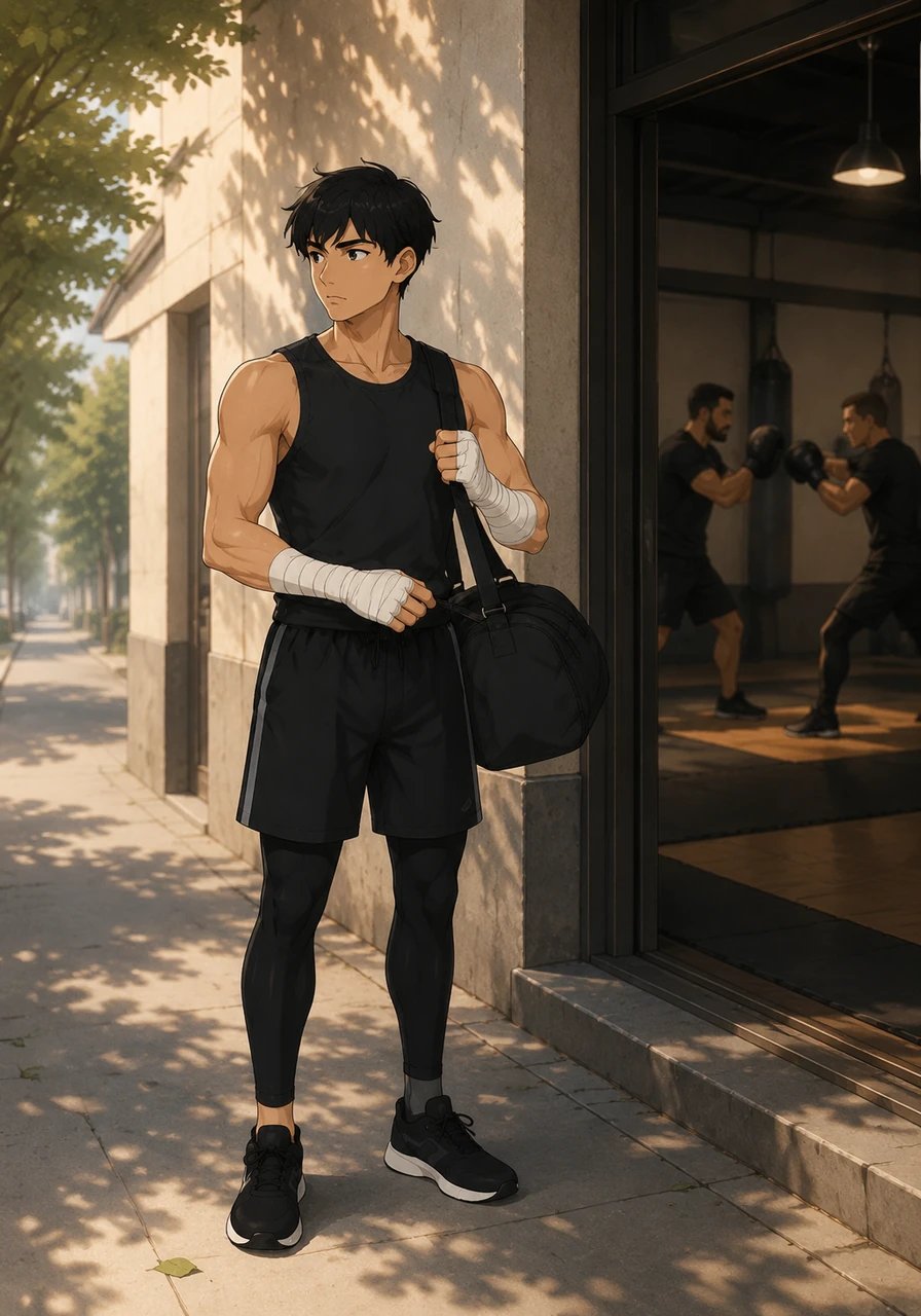 In a quiet, sunlit town, young Ilia stood outside the local martial arts gym, listening to the rhythmic sounds of gloves hitting canvas pads. With a heart full of big dreams and a focused mind, he adjusted his gym bag, ready to take his very first step inside.