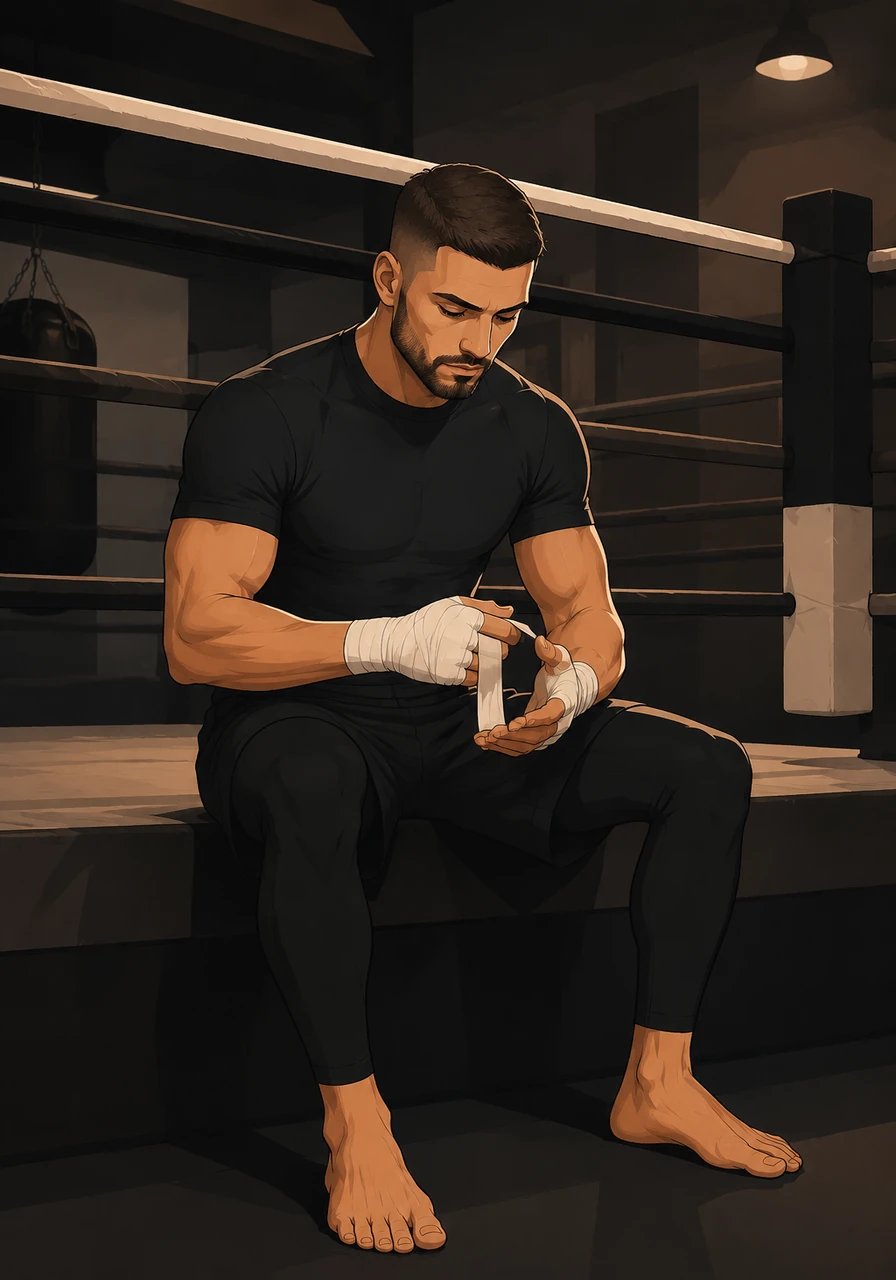 After a long day of intense training, Ilia sat quietly on the edge of the boxing ring, carefully wrapping his hands with clean white bandages. He looked at his hands and arms, knowing that his true identity and strength were being forged through sheer willpower.