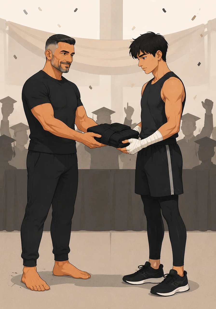 Standing before his coach on graduation day, Ilia received his first official competitive uniform, a symbol of his readiness for the big stage. His coach smiled proudly, knowing this disciplined young man possessed the heart and mind to face any challenge in the world.