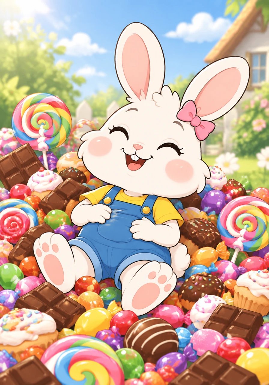 Un día soleado, Luna encontró un gran montón de dulces, chocolates desbordantes y paletas de todos los colores. Rendida ante la tentación, comenzó a comer felizmente una golosina tras otra hasta que no pudo comer ni un solo bocado más.