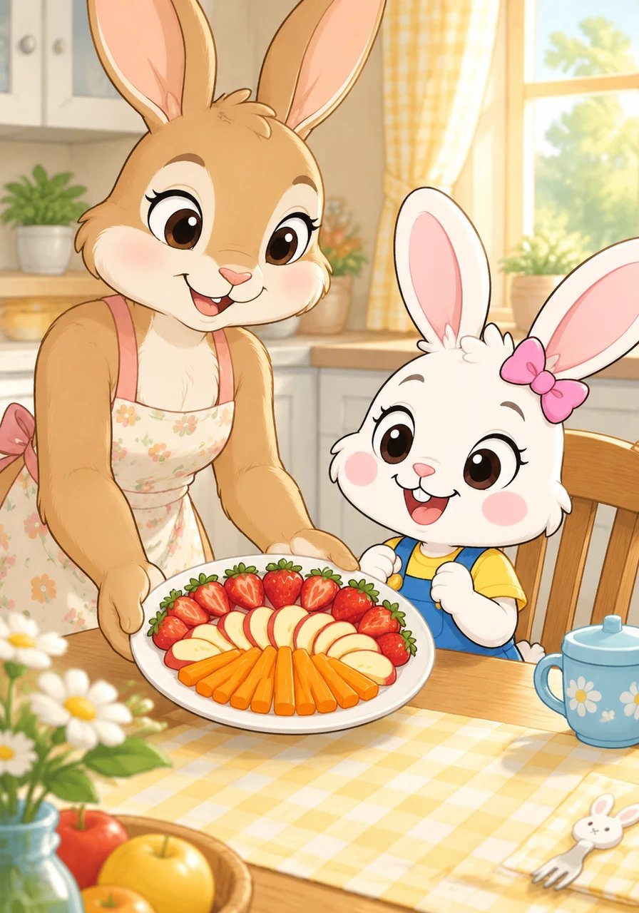 Al día siguiente, cuando despertó, su mamá le preparó un hermoso plato lleno de color con fresas jugosas, manzanas crujientes y zanahorias brillantes. El plato parecía un maravilloso arcoíris de alimentos frescos y deliciosos.