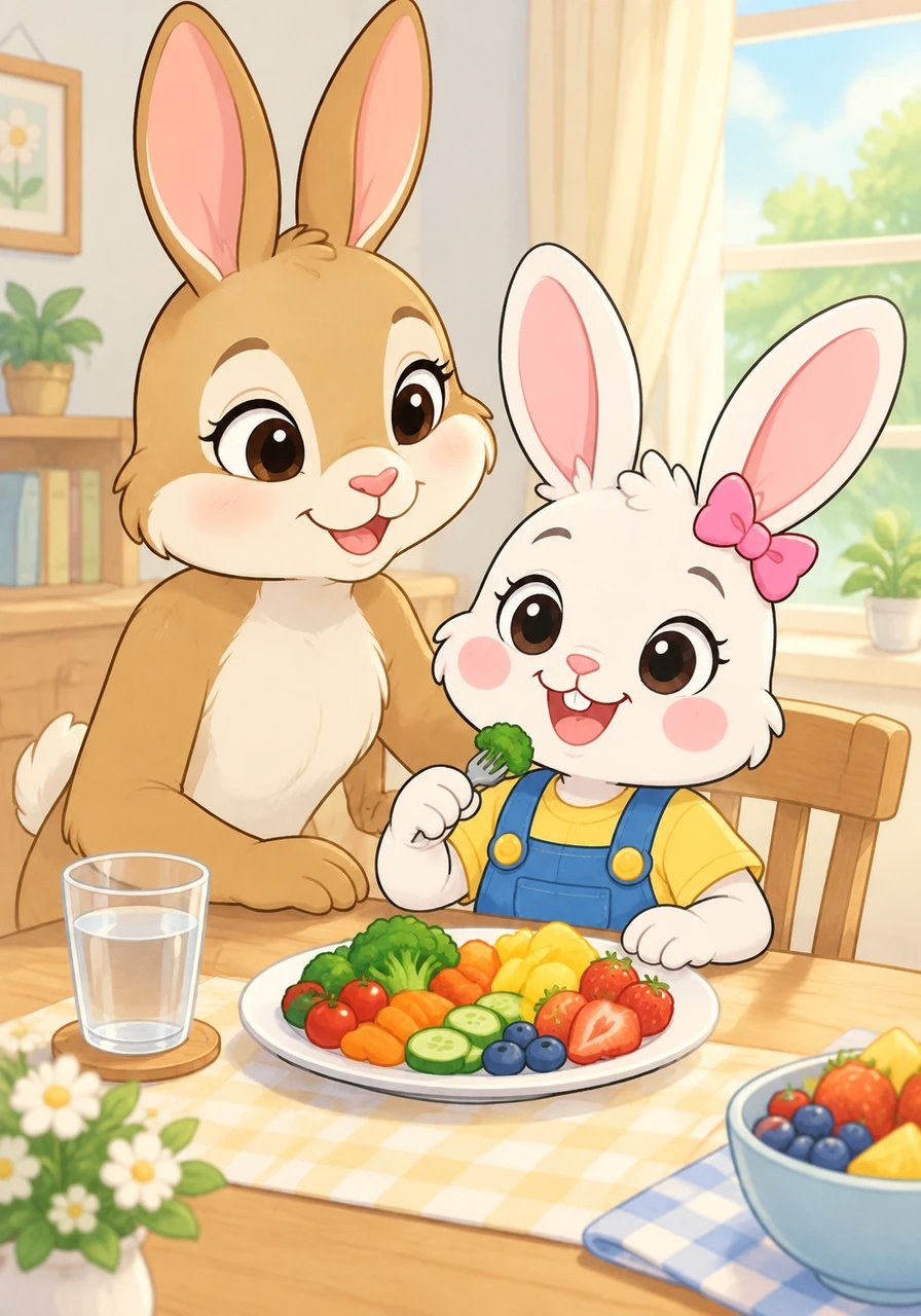 Con cada bocado de fruta y verdura, Luna sentía cómo el dolor de pancita se iba haciendo cada vez más chiquito. Poco a poco, el lindo color rosado regresó a sus mejillas y la sonrisa volvió a iluminar su carita.
