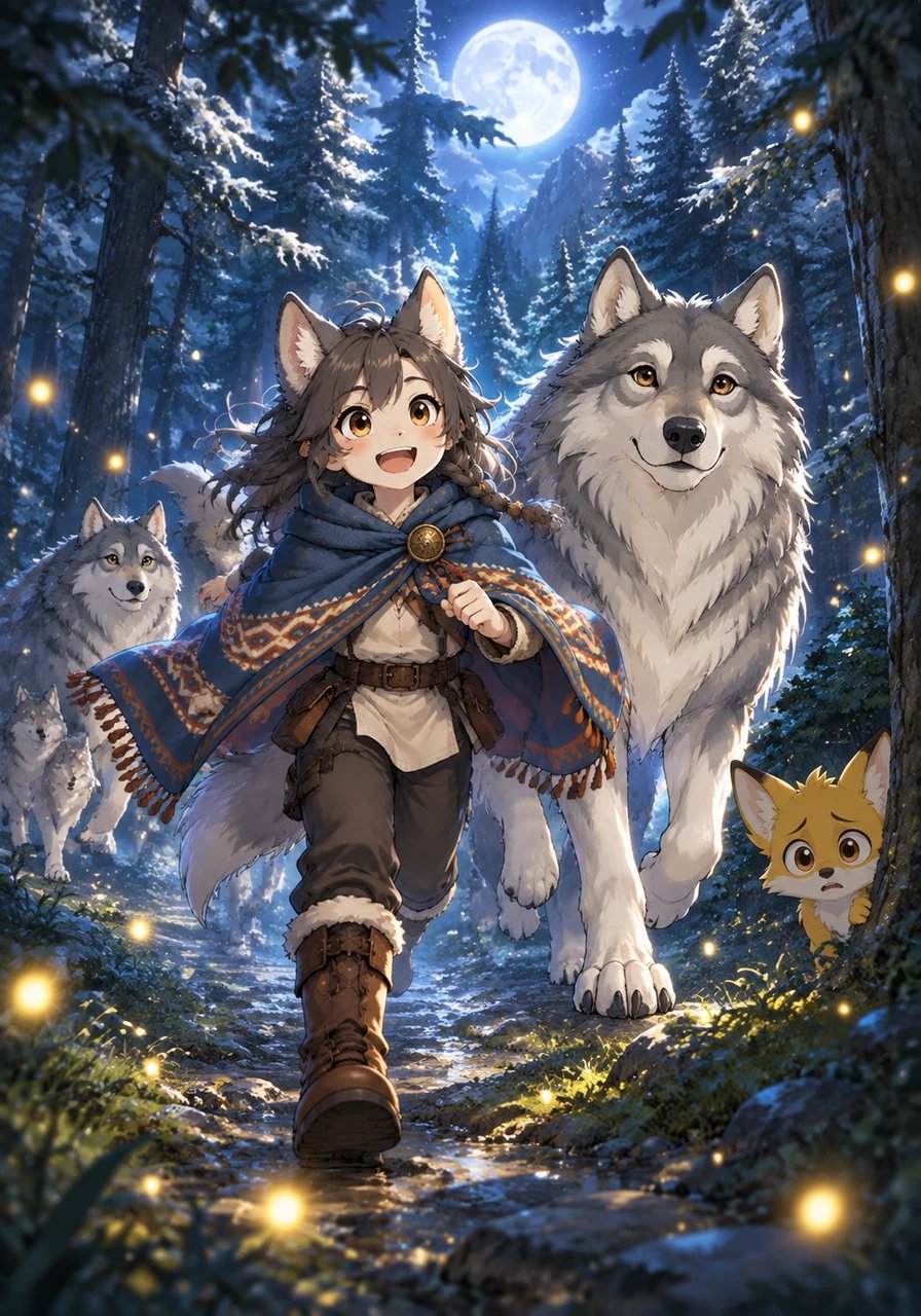 Deep within the silver pine forest, a girl named Lyra runs under the moonlit sky alongside her wolf family. Raised by the pack, she communicates through soft howls and understands the ancient songs of the wind. The forest is her true home, where golden fireflies dance around her wild steps.