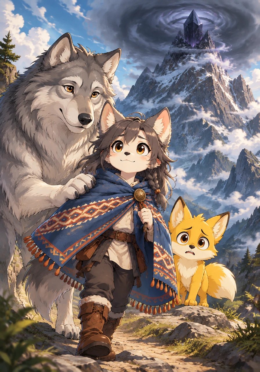 Elder Grey, the majestic pack leader, nudges Lyra toward the towering summit of Echoing Mountain in the distance. At its peak, the ancient Sun Crystal that warms their valley has lost its glow, veiled in dark mist. Lyra promises her pack that she will journey to the peak and restore light to her home.