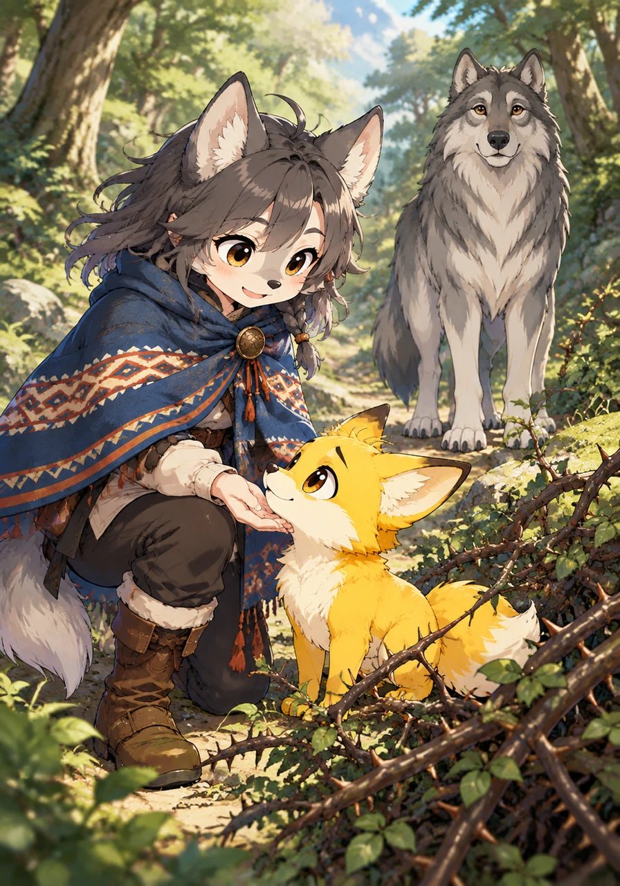 Along the trail, Lyra hears a soft whimper coming from a dense patch of thorny briars. She steps forward gently and frees a frightened young fox trapped in the tangled branches. Grateful for her bravery and kindness, the golden fox nuzzles her hand and decides to join her journey.