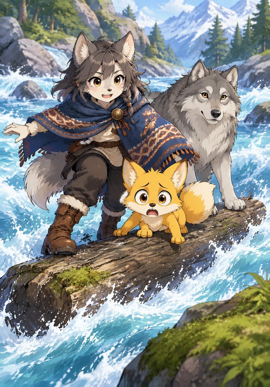 To reach the mountain, the companions must cross the roaring Frosttail River that swirls with chilly currents. Working together, Lyra and the fox leap onto a sturdy floating log, carefully balancing as they ride the rushing waters. With quick footwork and a splash of courage, they reach the safe mossy bank on the other side.