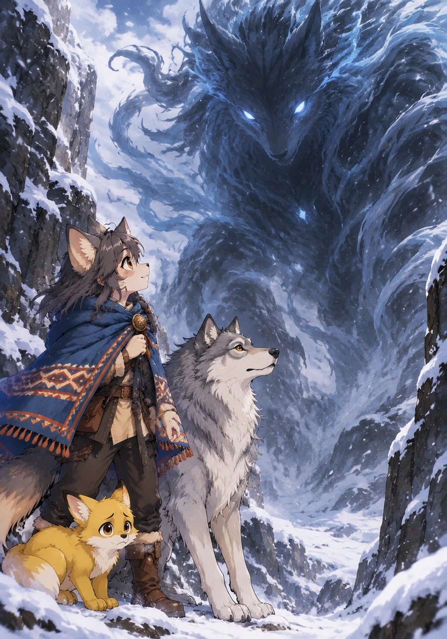 At the foot of the icy mountain, a giant looming shadow creature blocks the snowy mountain pass. The phantom growls softly, made of cold winds and forgotten dark thoughts, scaring away anyone who dares approach. Lyra pauses, sensing that behind its scary appearance, the creature is just lonely and cold.
