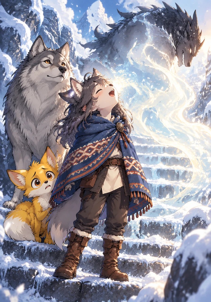 Rather than drawing a weapon, Lyra tilts her head back and lets out a warm, melodious wolf howl filled with love and belonging. Her voice echoes across the ice, filling the shadowy beast with gentleness until its darkness melts away into a peaceful spirit of mist. Gratefully, the spirit clears a safe path up the snowy stairs for her.