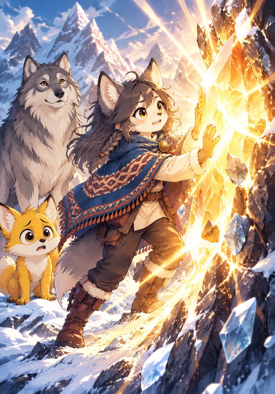 Standing at the icy peak, Lyra approaches the dimmed Sun Crystal that sits frozen in stone. She places her warm hands against its surface, pouring all the warmth and courage of her wild spirit into the crystal. Sunlight suddenly erupts from the stone, shattering the darkness in a brilliant wave of golden light.