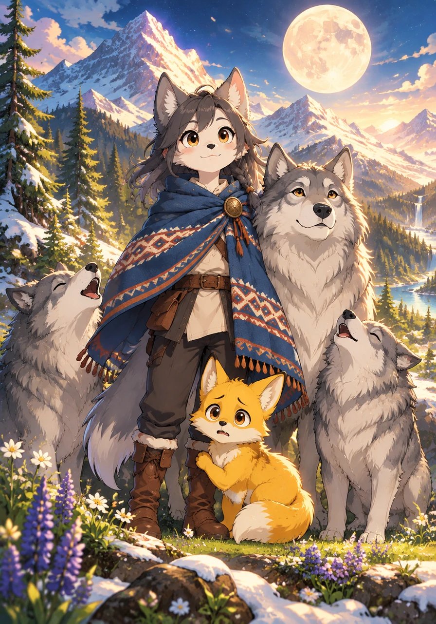 Warmth cascades down the mountain, blooming flowers in the snow and filling the valleys with rich green life. Lyra returns to her beloved silver pine forest, welcomed by the joyous howls of her wolf family. Standing beneath a shining moon, she embraces her place as the brave protector of the wild woods.