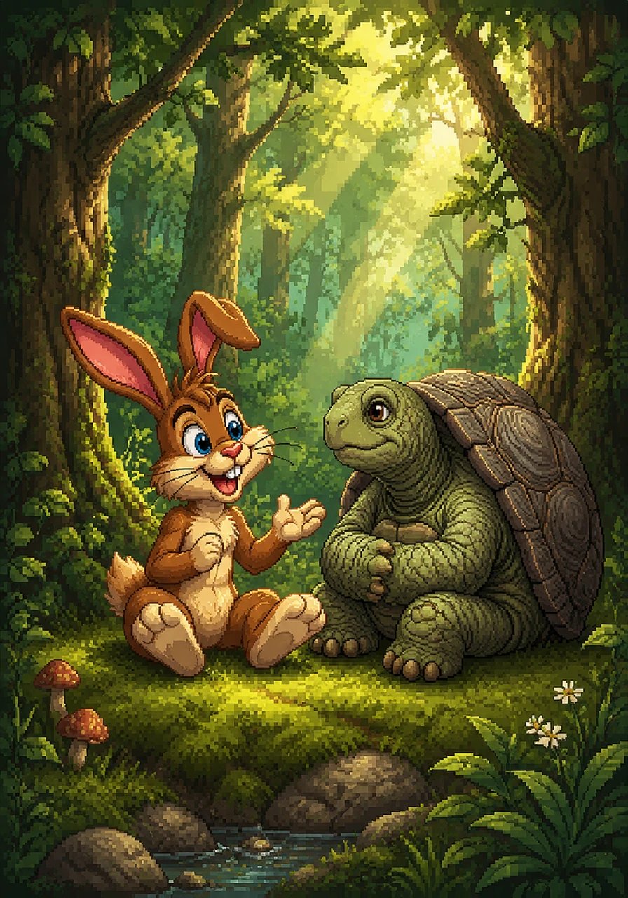 Deep in a vibrant, green forest, Barnaby the rabbit and Toby the tortoise were the best of friends. They spent every day together, sharing stories and exploring the sunny woods.