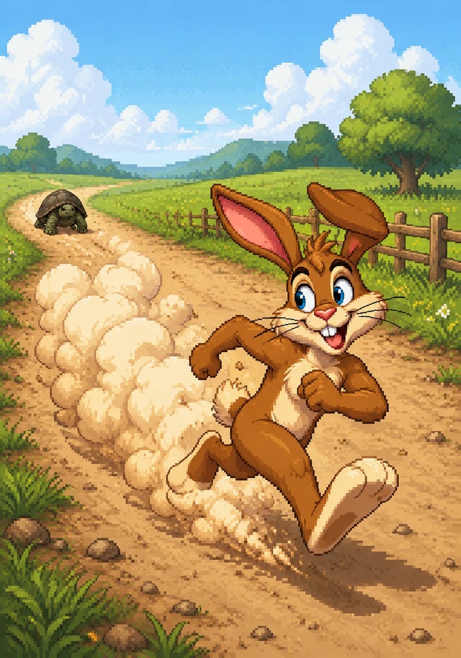 As the race began, Barnaby dashed ahead like a lightning bolt, leaving a cloud of dust behind him. He looked back and saw Toby far behind, moving at his usual slow and steady pace.