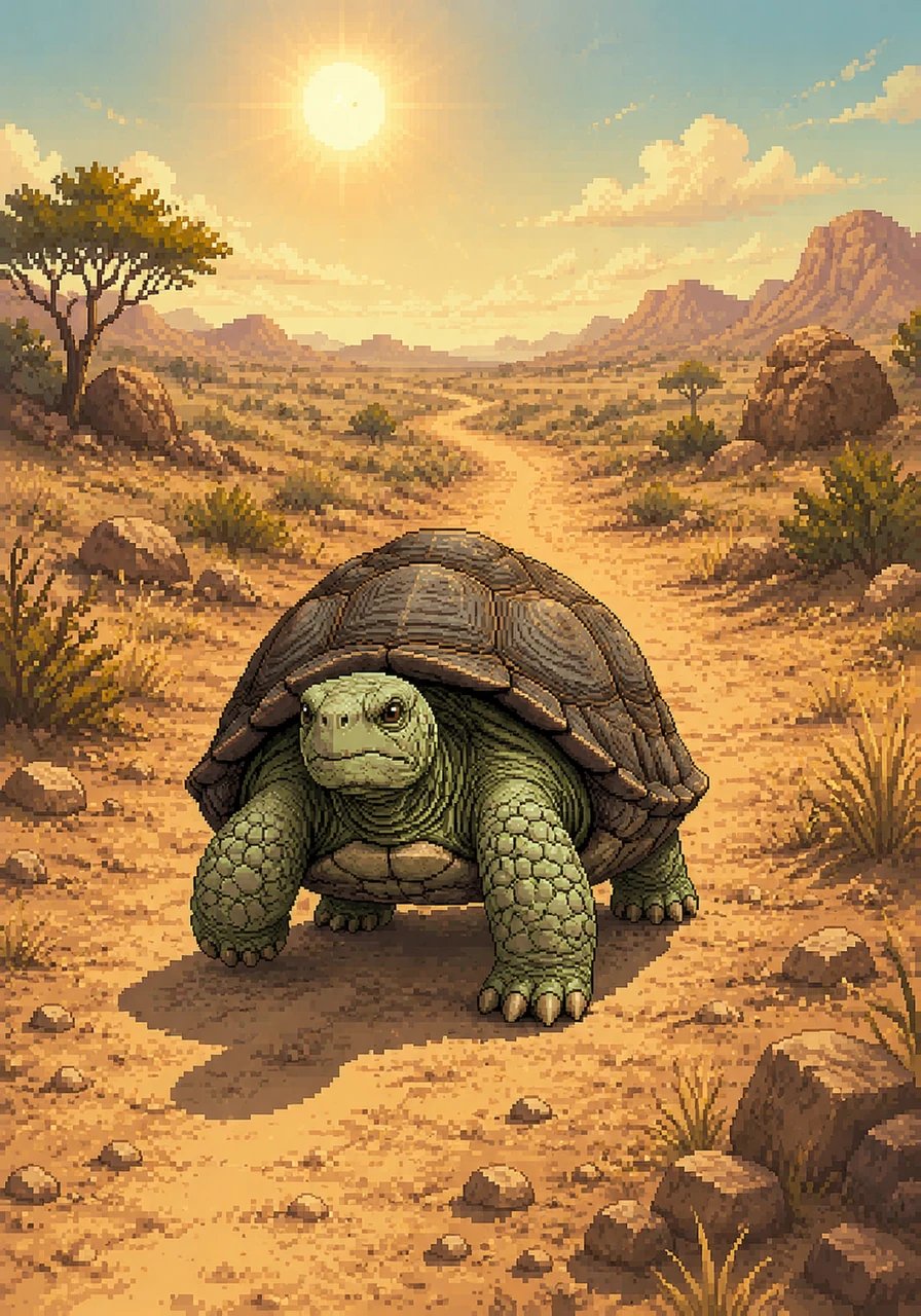 Meanwhile, Toby the tortoise kept moving forward, never stopping for a single moment. Step by step, with great patience and determination, he braved the long, dusty path under the hot sun.