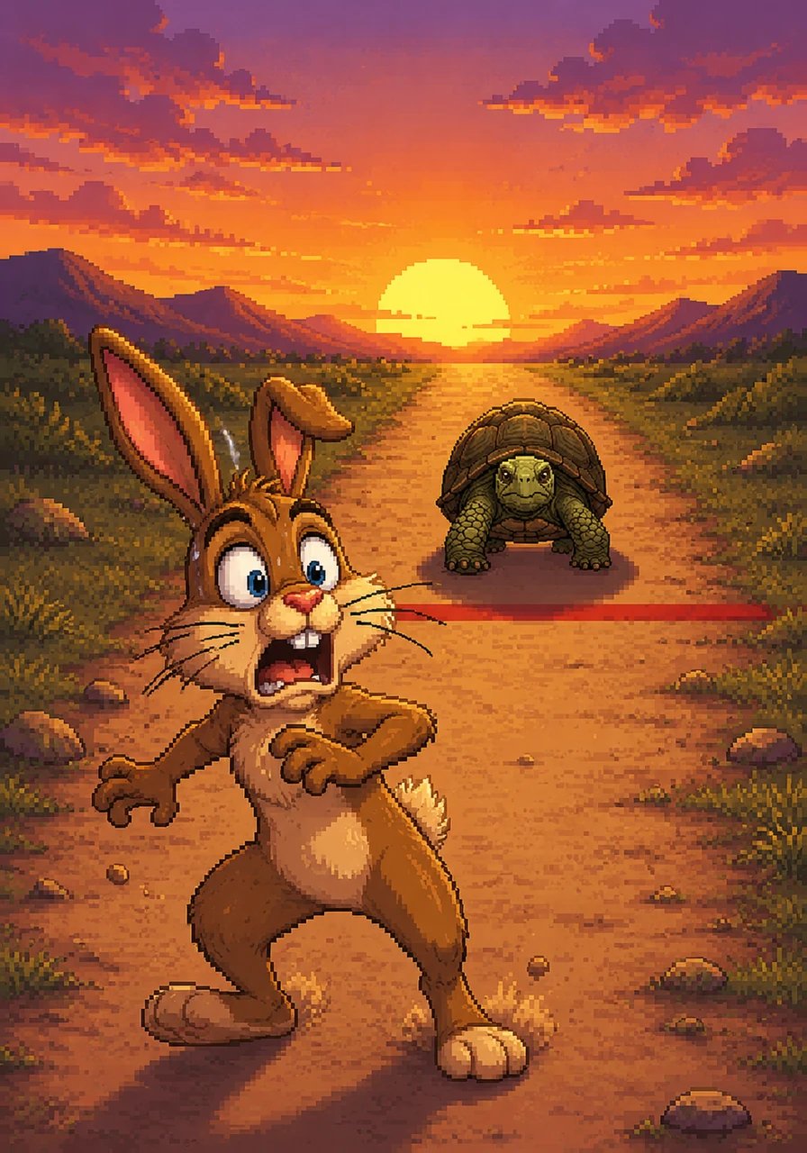 Hours passed, and Barnaby suddenly woke up with a start as the sun began to set. To his absolute horror, he saw Toby just a few steps away from the bright red finish line.