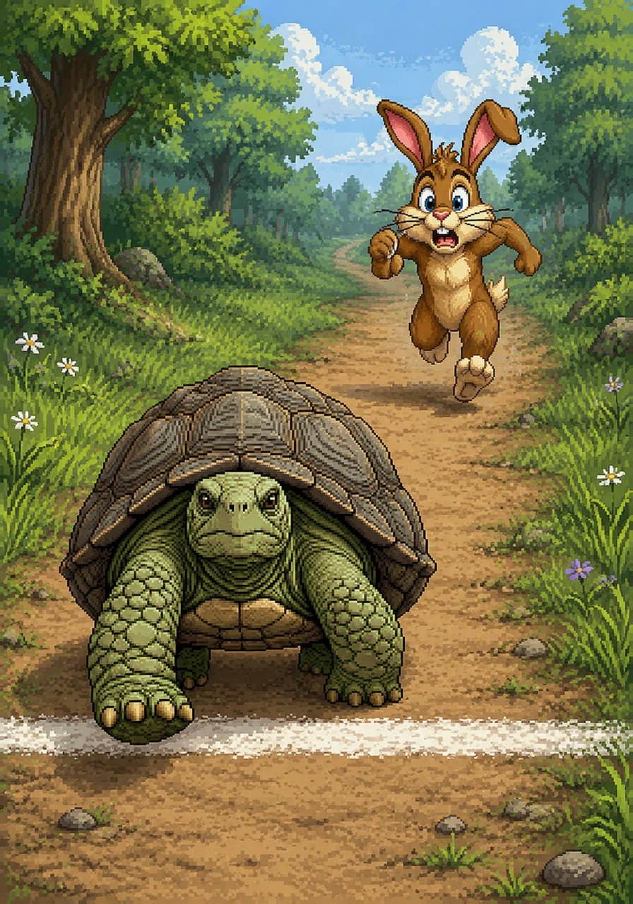Barnaby scrambled to his feet and ran as fast as his legs could carry him, sprinting desperately down the path. But it was too late, as Toby calmly stepped over the finish line to win the race.