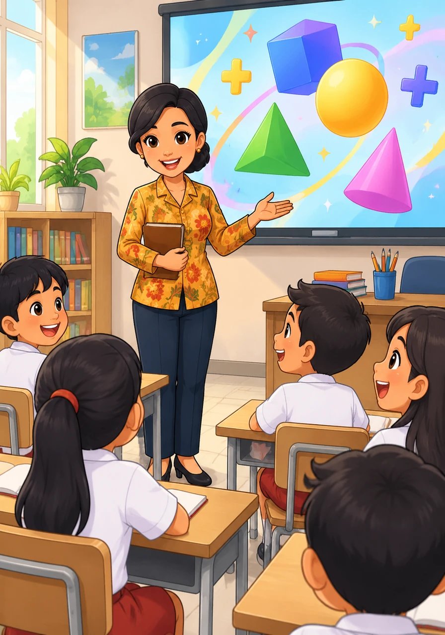 Di sebuah ruang kelas animasi yang cerah dan penuh warna, layar pembuka menampilkan judul utama bertuliskan Petualangan Bilangan Desimal. Ibu Aning Sa’atriarum dari SD Negeri Bulu I, PGRI Power Kecamatan Balen, menyapa para siswa Kelas 6 dengan senyuman hangat dan ramah.