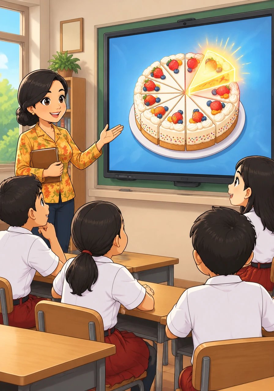 Layar berlanjut menampilkan kue ulang tahun besar berwarna-warni yang dipotong menjadi sepuluh bagian sama besar. Satu potong kue bercahaya terang untuk mengenalkan konsep dasar pecahan desimal sebagai bagian dari keseluruhan secara visual.