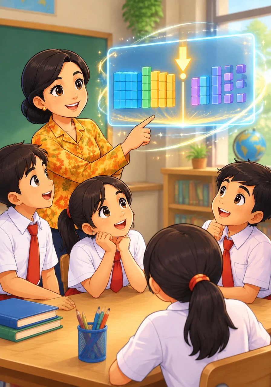 Sebuah papan nilai tempat beranimasi muncul memperlihatkan angka desimal tiga koma empat lima. Garis panah berkilau menunjuk tanda koma sebagai pemisah antara bagian bulat di sebelah kiri dan bagian pecahan di sebelah kanan.