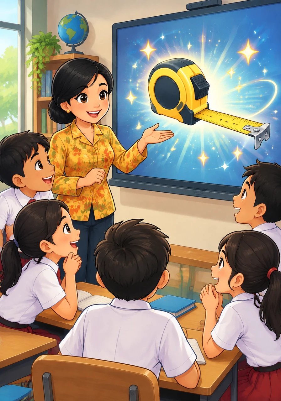 Layar menampilkan pita pengukur berwarna-warni di mana siswa diajak latihan menuliskan bilangan desimal. Ketika panjang pita tercatat dua meter lebih delapan persepuluhan, angka dua koma delapan muncul dengan efek bintang gemerlap.