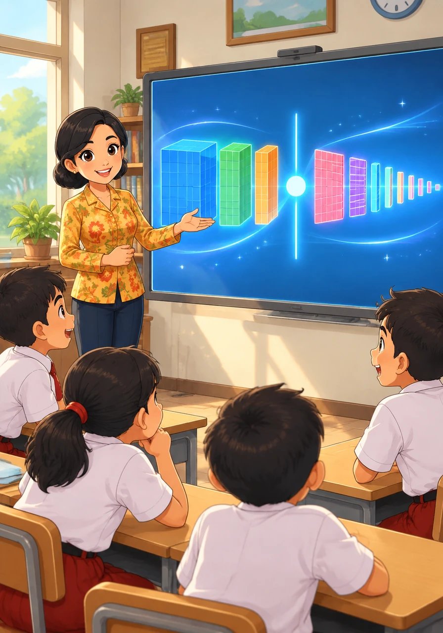 Papan nilai tempat membesar secara interaktif untuk menjelaskan nilai posisi setiap digit. Digit di sebelah kiri koma melambangkan satuan, sedangkan digit di sebelah kanan koma secara berurutan menunjukkan persepuluhan, perseratusan, dan perseribuan.