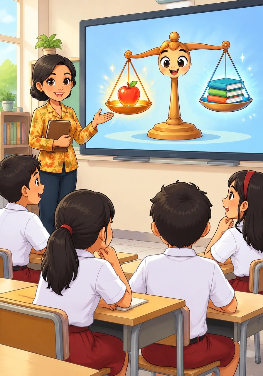 Timbangan raksasa beranimasi yang ceria hadir di layar untuk mengenalkan materi membandingkan dua bilangan desimal. Dua angka desimal yang berbeda diletakkan pada masing-masing sisi timbangan untuk menarik perhatian siswa.