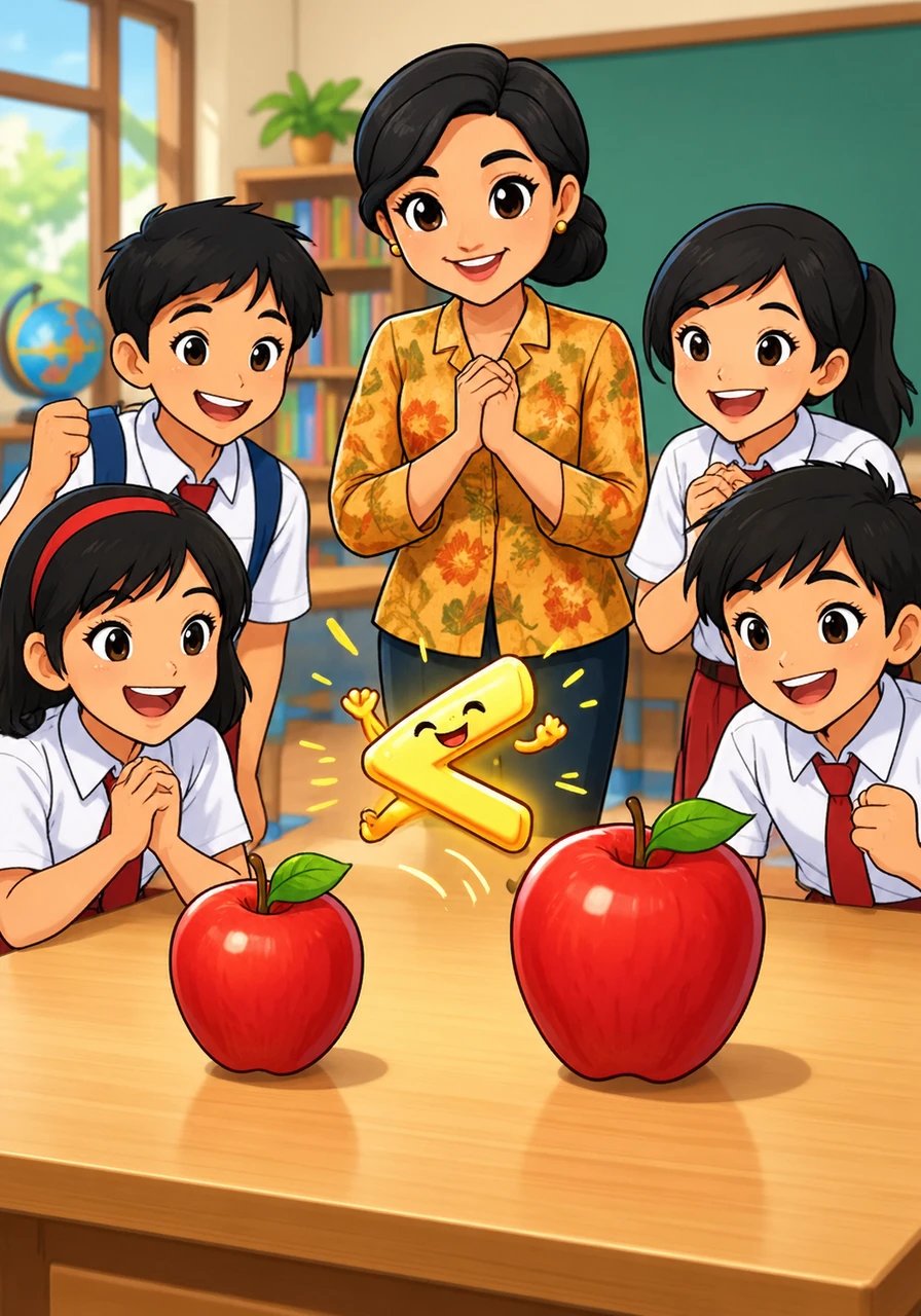 Sebuah kuis mini yang seru menampilkan dua buah apel berukuran berbeda dengan label tiga koma empat lima dan tiga koma lima dua. Tanda lebih kecil bercahaya melompat gembira di antara kedua apel saat jawaban benar terpilih.