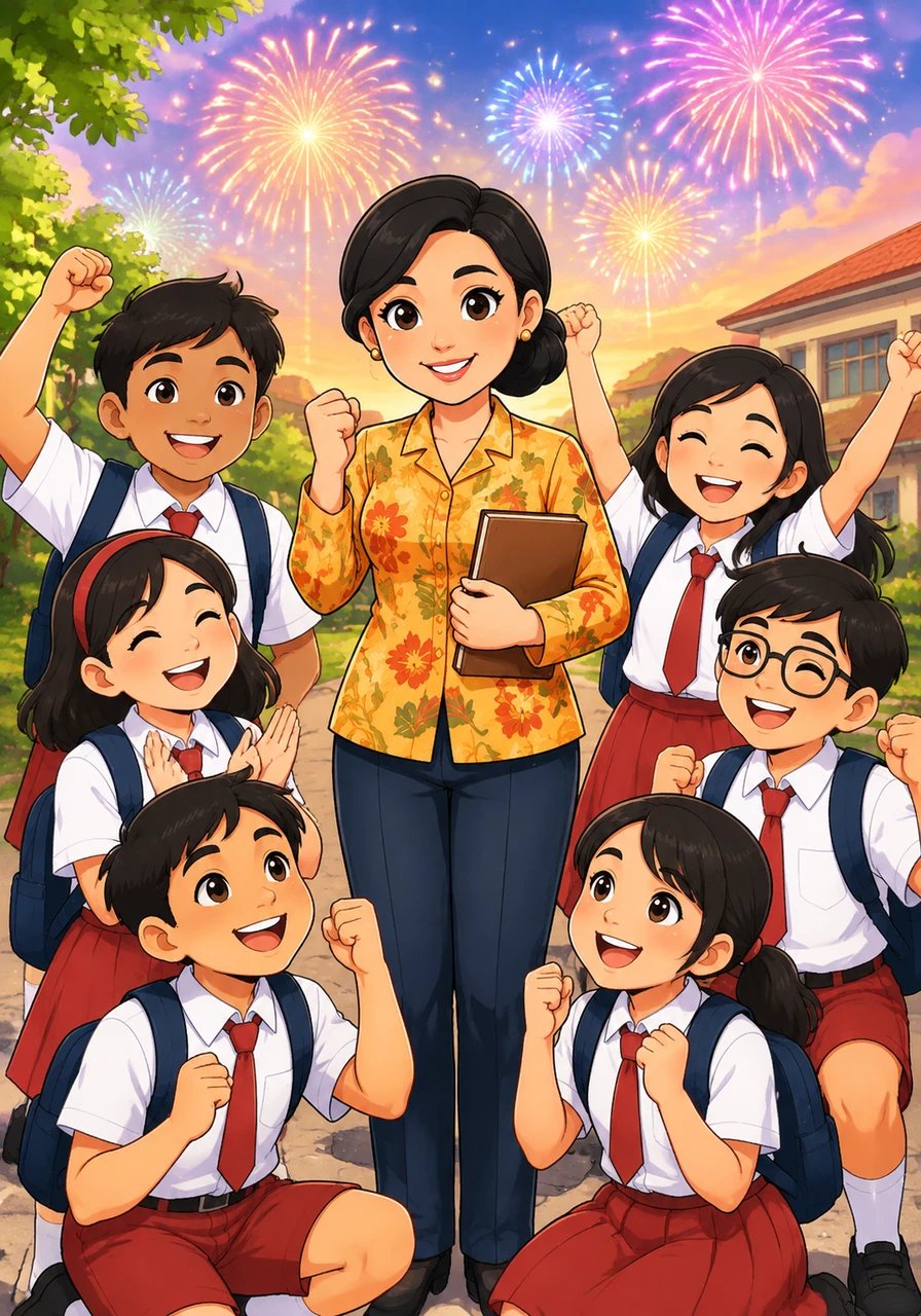 Ibu Aning memberikan rangkuman singkat dan pesan motivasi yang menginspirasi di akhir pembelajaran. Layar diakhiri dengan identitas lengkap penyusun dari SD Negeri Bulu I, PGRI Power Kecamatan Balen, diiringi kembang api animasi yang meriah.