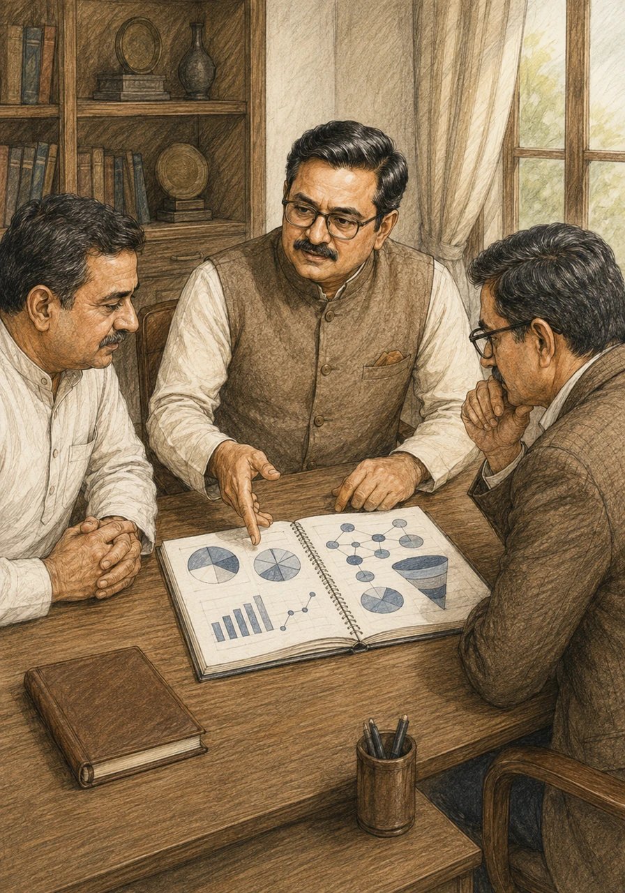 પરેશભાઈ મહેશભાઈ અને ભવિનભાઈને સમજાવે છે કે જેમ જેમ બજાર બદલાય છે, તેમ રોકાણની વ્યુહરચના પણ બદલાવી જોઈએ. તેઓ ટેબલ પર એક ડાયરી ખોલીને 'સ્પેશિયલાઇઝડ ઇન્વેસ્ટમેન્ટ ફંડ' એટલે કે SIF નો નવો ખ્યાલ ખૂબ જ ગંભીરતાથી અને સરળ શબ્દોમાં રજૂ કરે છે.
