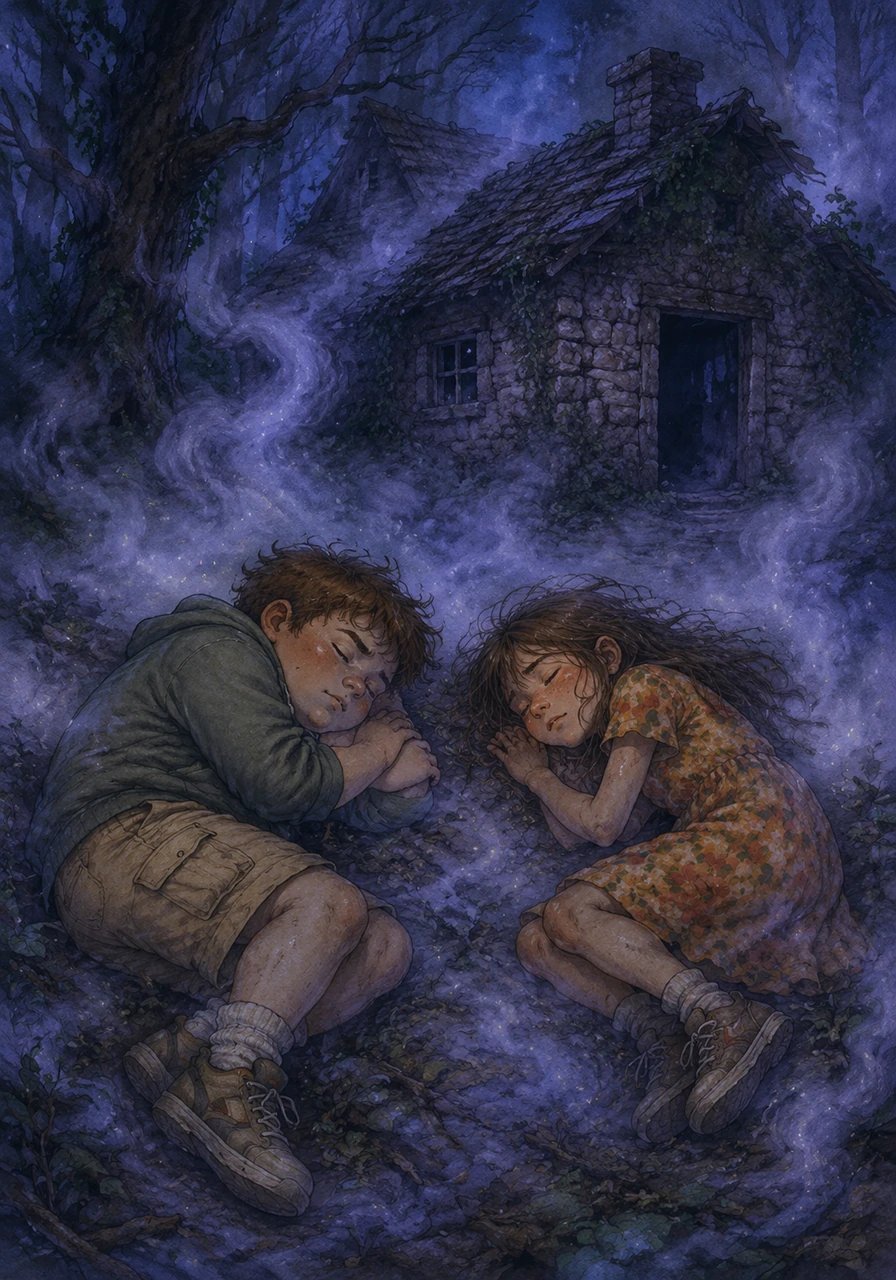 Deep within the Whispering Woods, orphaned siblings Leo and Maya collapsed from exhaustion outside their crumbling stone cottage. As the twilight deepened, a strange, shimmering silver mist rolled over them, causing them to fall into a deep, supernatural slumber.