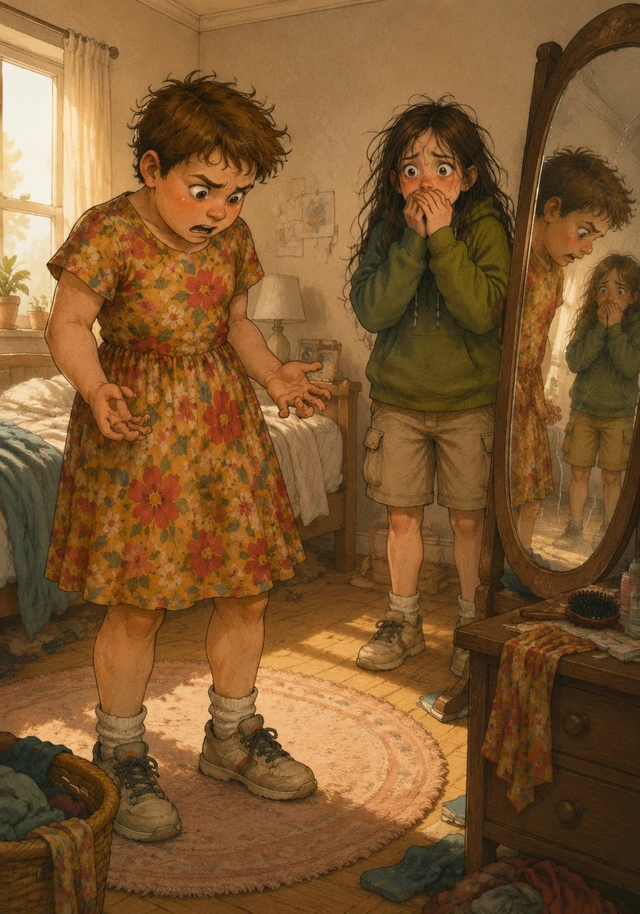 The next morning, Leo woke up feeling strangely light and looked down to see he was wearing Maya's favorite floral dress, while Maya gasped in horror from across the room upon hearing Leo's deep voice come out of her own mouth. They rushed to the cracked mirror, realizing with absolute shock that their minds had completely swapped bodies.