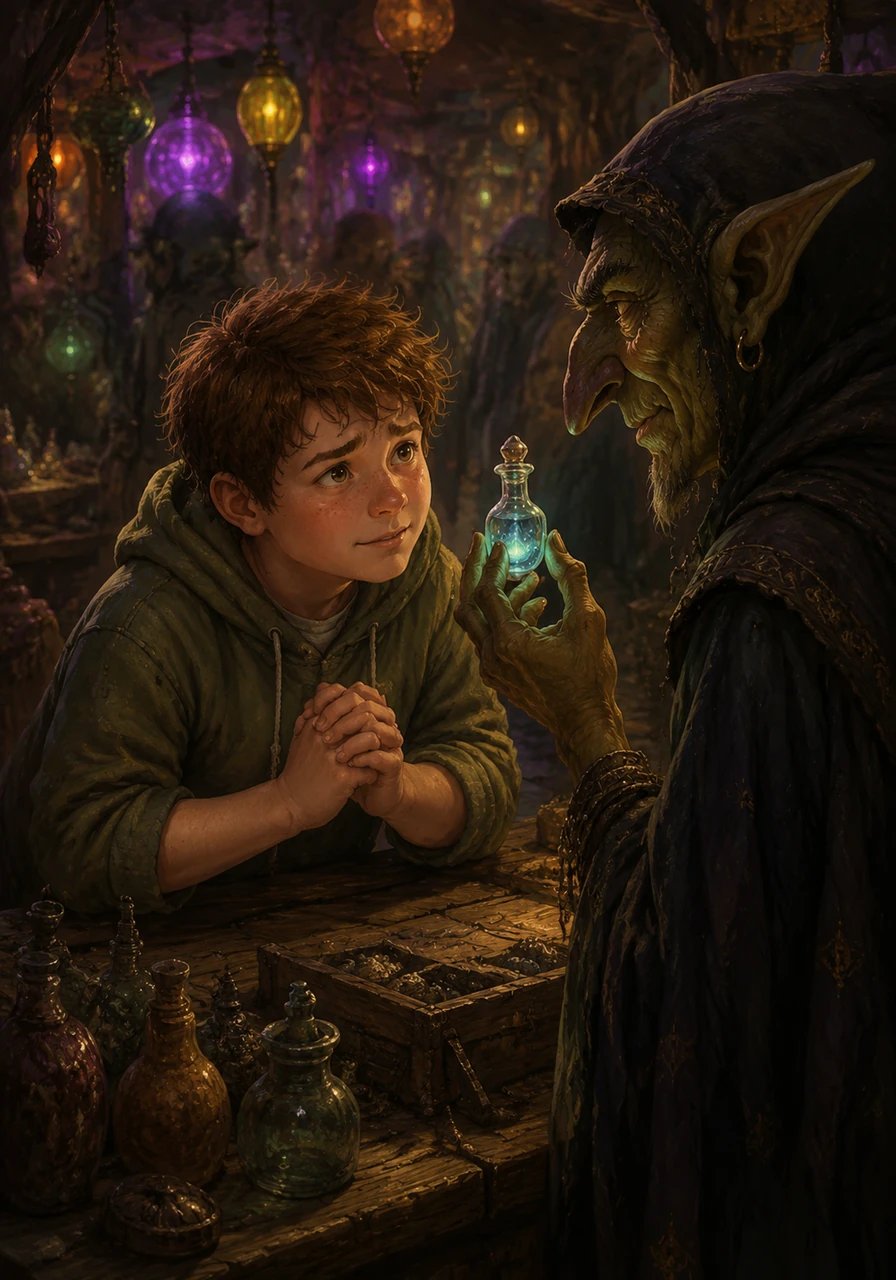In the neon-lit Goblin Market, Leo had to use Maya's sweet and persuasive voice to barter with a suspicious, cloaked merchant for a rare glowing vial. It took everything in Leo's power to mimic his sister's gentle mannerisms, but his successful acting earned them the first crucial ingredient.