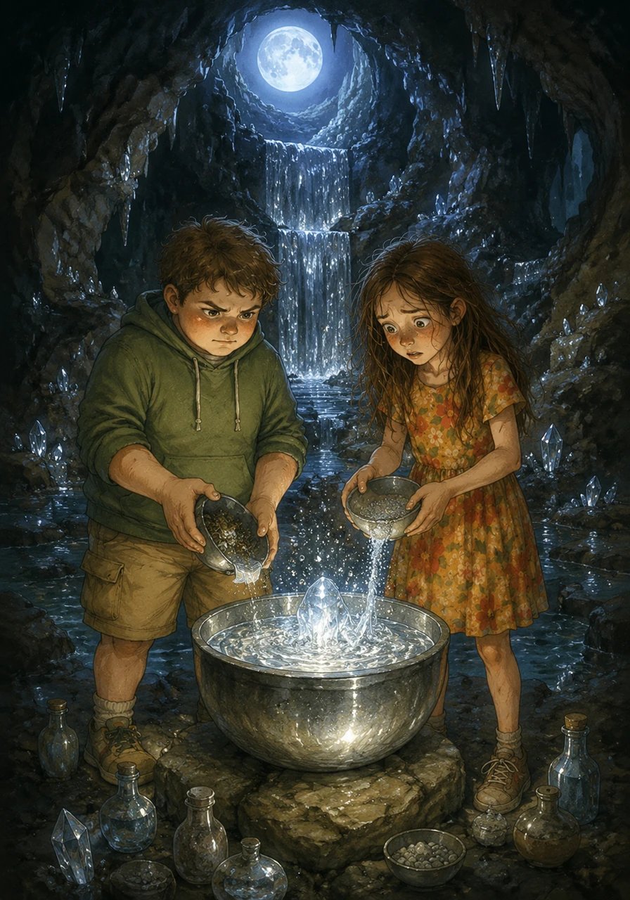 Under the light of a rare blue moon, they stood before a shimmering silver waterfall deep within a hidden cavern. Following the journal's precise instructions, they carefully mixed the gathered elements into a glowing, metallic silver liquid that began to bubble and hum with ancient power.