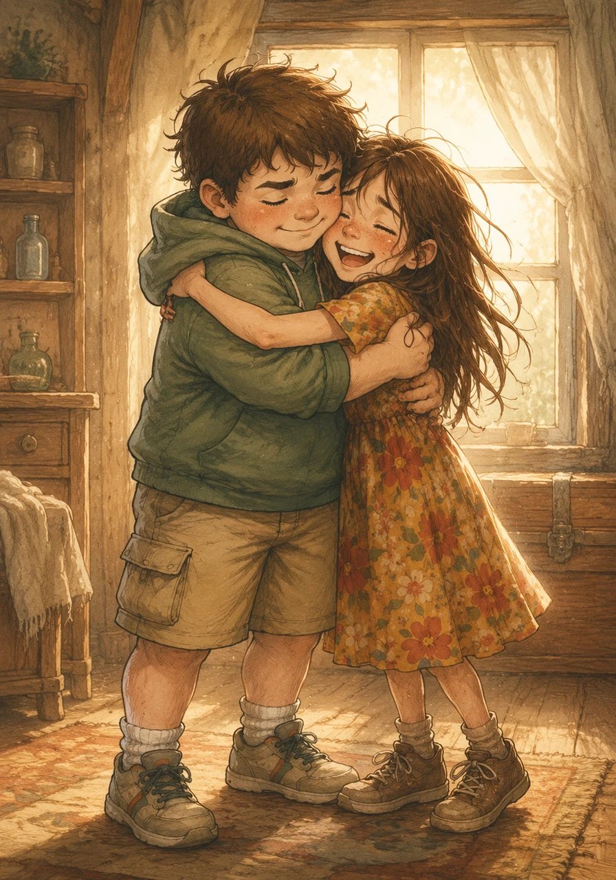 When the light faded, Leo opened his eyes to see his own familiar hands, and Maya laughed with joy as she felt her own long hair again. Exhausted but deeply connected by their shared journey, the siblings hugged tightly, finally home in their own skin and stronger than ever before.