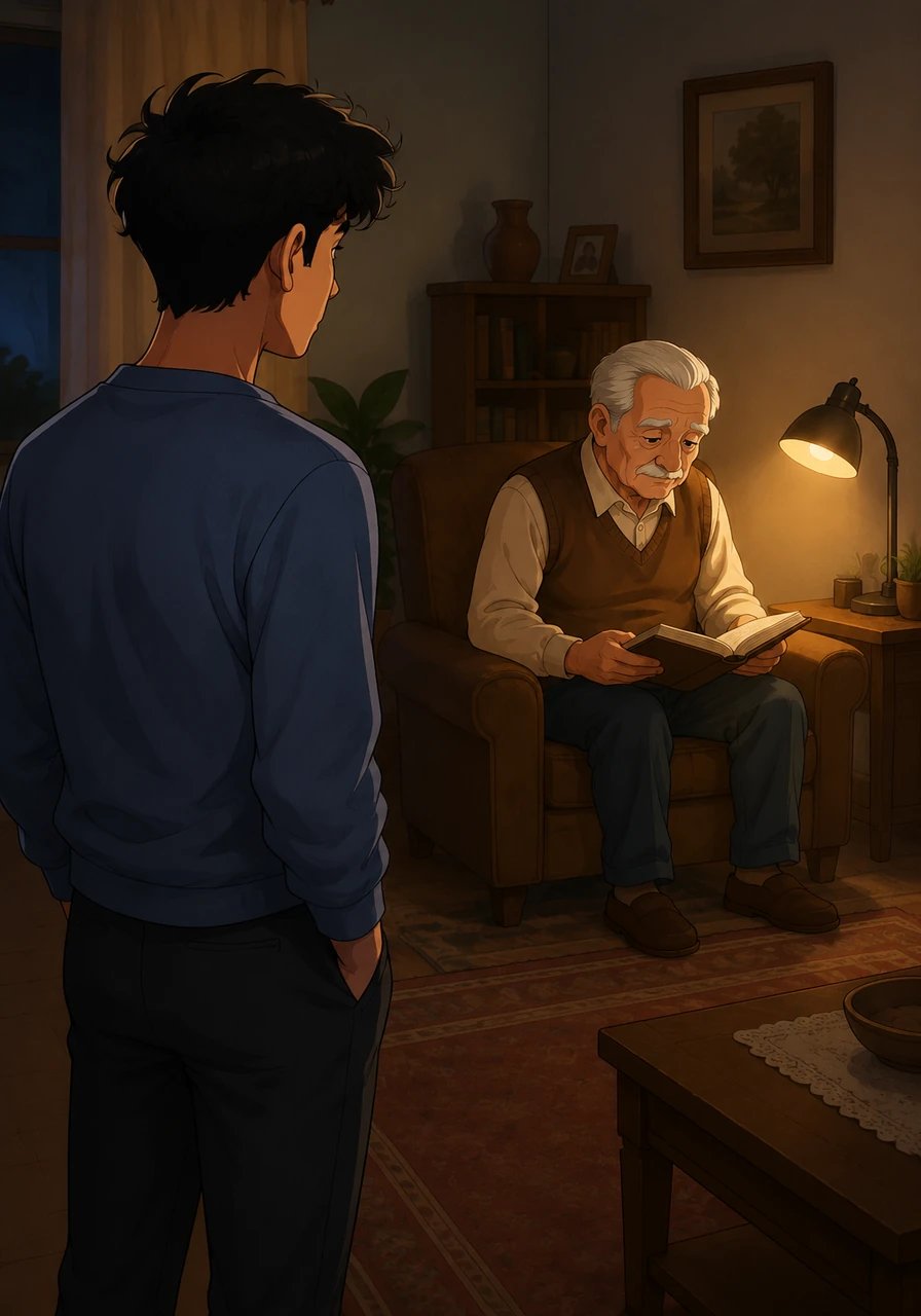 Tarek stands at the edge of the living room, watching his father read an old book under the soft glow of a desk lamp. The heavy silence between them feels like a physical wall, thick with unsaid words and years of growing emotional distance.