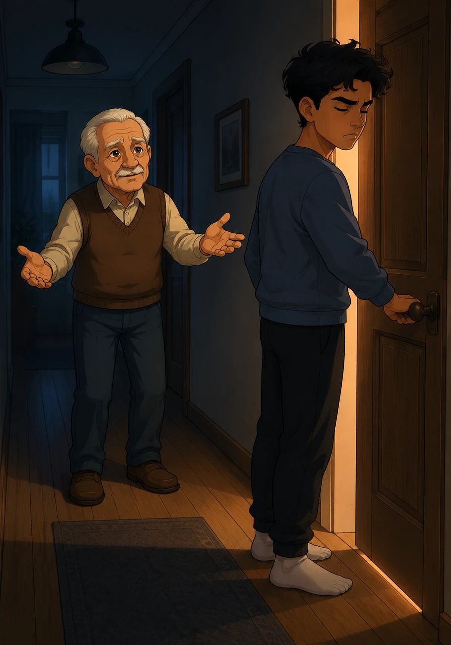A memory flashes back to Tarek's teenage years, where a younger, energetic father stands with open arms, trying to offer advice. Tarek, consumed by youthful pride, turns away and shuts his bedroom door, leaving his father standing alone in the dimly lit hallway.